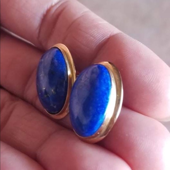 14k Gold Vintage Huge Blue Lapis Earrings and Pendant Set - Picture 3 of 5